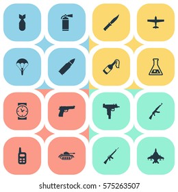 Set Of 16 Simple Terror Icons. Can Be Found Such Elements As Kalashnikov, Chemistry, Rifle Gun And Other.