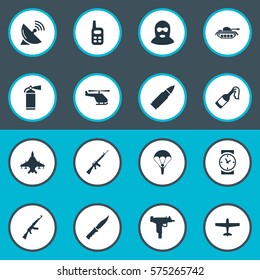 Set Of 16 Simple Terror Icons. Can Be Found Such Elements As Sky Force, Helicopter, Cold Weapon And Other.