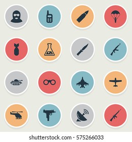 Set Of 16 Simple Terror Icons. Can Be Found Such Elements As Helicopter, Kalashnikov, Firearm And Other.