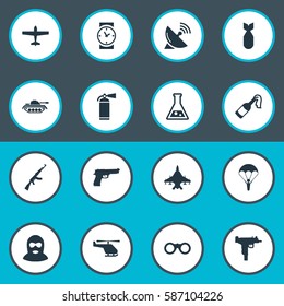 Set Of 16 Simple Terror Icons. Can Be Found Such Elements As Air Bomber, Signal Receiver, Sky Force And Other.
