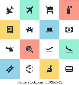 Set Of 16 Simple Transportation Icons. Can Be Found Such Elements As Takeoff, Watch, Certificate Of Citizenship And Other.