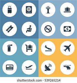 Set Of 16 Simple Transportation Icons. Can Be Found Such Elements As Baggage Cart, Currency, Air Transport And Other.