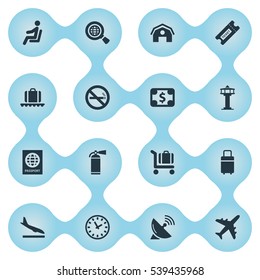 Set Of 16 Simple Transportation Icons. Can Be Found Such Elements As Certificate Of Citizenship, Alighting Plane, Garage And Other.