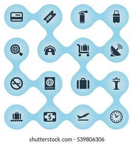 Set Of 16 Simple Transportation Icons. Can Be Found Such Elements As Takeoff, Protection Tool, Luggage Carousel And Other.