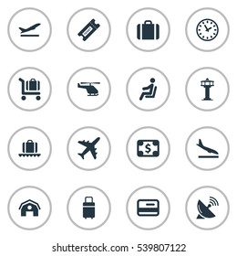 Set Of 16 Simple Transportation Icons. Can Be Found Such Elements As Currency, Travel Bag, Air Transport And Other.