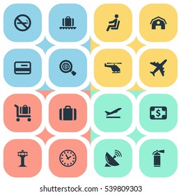 Set Of 16 Simple Transportation Icons. Can Be Found Such Elements As Credit Card, Watch, Currency And Other.