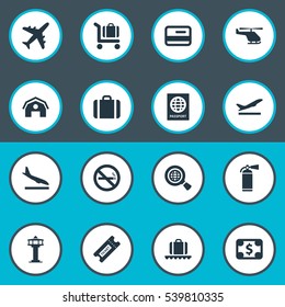 Set Of 16 Simple Transportation Icons. Can Be Found Such Elements As Currency, Plane, Certificate Of Citizenship And Other.