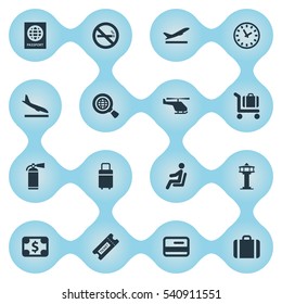 Set Of 16 Simple Transportation Icons. Can Be Found Such Elements As Cigarette Forbidden, Currency, Alighting Plane And Other.