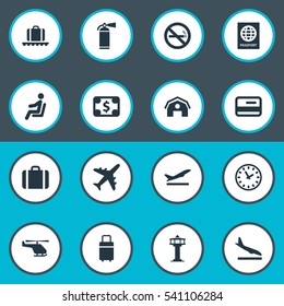 Set Of 16 Simple Transportation Icons. Can Be Found Such Elements As Alighting Plane, Garage, Seat And Other.