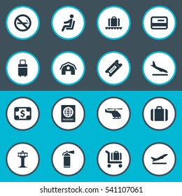 Set Of 16 Simple Transportation Icons. Can Be Found Such Elements As Travel Bag, Luggage Carousel, Flight Control Tower And Other.