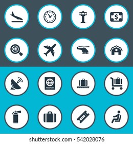 Set Of 16 Simple Transportation Icons. Can Be Found Such Elements As Antenna, Garage, Currency And Other.