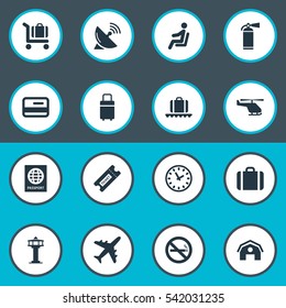 Set Of 16 Simple Transportation Icons. Can Be Found Such Elements As Baggage Cart, Credit Card, Certificate Of Citizenship And Other.