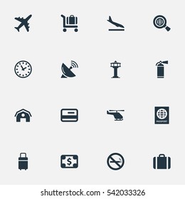 Set Of 16 Simple Transportation Icons. Can Be Found Such Elements As Certificate Of Citizenship, Air Transport, Travel Bag And Other.
