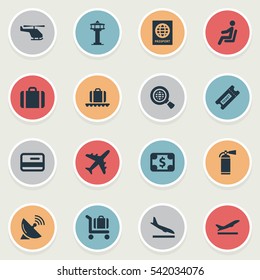 Set Of 16 Simple Transportation Icons. Can Be Found Such Elements As Takeoff, Plane, Protection Tool And Other.