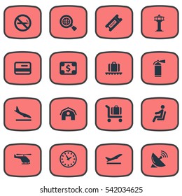 Set Of 16 Simple Transportation Icons. Can Be Found Such Elements As Flight Control Tower, Protection Tool, Baggage Cart And Other.
