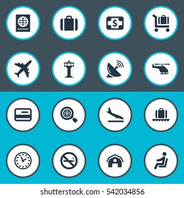 Set Of 16 Simple Transportation Icons. Can Be Found Such Elements As Air Transport, Baggage Cart, Watch And Other.