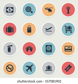 Set Of 16 Simple Transportation Icons. Can Be Found Such Elements As Cigarette Forbidden, Global Research, Plane And Other.