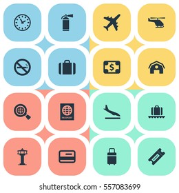 Set Of 16 Simple Transportation Icons. Can Be Found Such Elements As Global Research, Plane, Alighting Plane And Other.