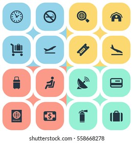 Set Of 16 Simple Transportation Icons. Can Be Found Such Elements As Handbag, Alighting Plane, Coupon.