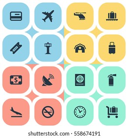 Set Of 16 Simple Transportation Icons. Can Be Found Such Elements As Flight Control Tower, Alighting Plane, Garage And Other.