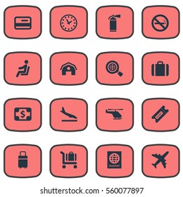 Set Of 16 Simple Transportation Icons. Can Be Found Such Elements As Baggage Cart, Certificate Of Citizenship, Cigarette Forbidden And Other.
