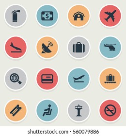 Set Of 16 Simple Transportation Icons. Can Be Found Such Elements As Handbag, Luggage Carousel, Credit Card.