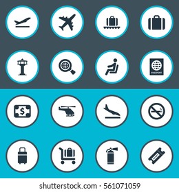 Set Of 16 Simple Transportation Icons. Can Be Found Such Elements As Certificate Of Citizenship, Currency, Plane And Other.