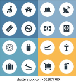 Set Of 16 Simple Transportation Icons. Can Be Found Such Elements As Alighting Plane, Handbag, Travel Bag.