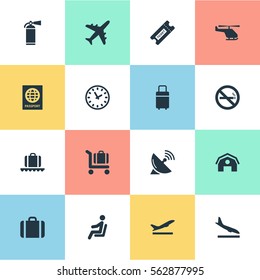 Set Of 16 Simple Transportation Icons. Can Be Found Such Elements As Alighting Plane, Luggage Carousel, Plane And Other.