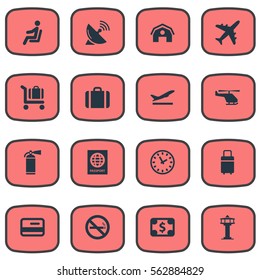 Set Of 16 Simple Transportation Icons. Can Be Found Such Elements As Flight Control Tower, Protection Tool, Takeoff And Other.
