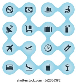 Set Of 16 Simple Transportation Icons. Can Be Found Such Elements As Luggage Carousel, Takeoff, Credit Card And Other.