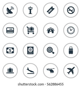 Set Of 16 Simple Transportation Icons. Can Be Found Such Elements As Travel Bag, Credit Card, Certificate Of Citizenship And Other.