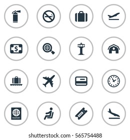 Set Of 16 Simple Transportation Icons. Can Be Found Such Elements As Takeoff, Watch, Currency And Other.