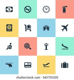 Set Of 16 Simple Transportation Icons. Can Be Found Such Elements As Plane, Alighting Plane, Handbag.