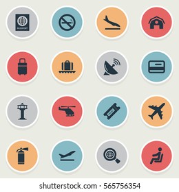 Set Of 16 Simple Transportation Icons. Can Be Found Such Elements As Alighting Plane, Coupon, Certificate Of Citizenship And Other.