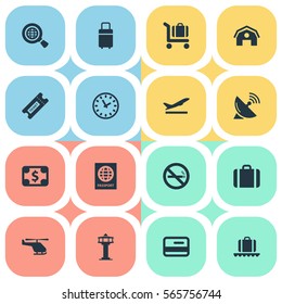 Set Of 16 Simple Transportation Icons. Can Be Found Such Elements As Cigarette Forbidden, Currency, Air Transport And Other.