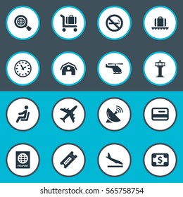 Set Of 16 Simple Transportation Icons. Can Be Found Such Elements As Seat, Alighting Plane, Flight Control Tower And Other.