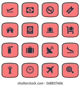 Set Of 16 Simple Transportation Icons. Can Be Found Such Elements As Handbag, Cigarette Forbidden, Takeoff.