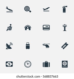 Set Of 16 Simple Transportation Icons. Can Be Found Such Elements As Credit Card, Travel Bag, Currency And Other.