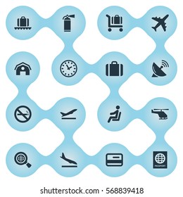Set Of 16 Simple Transportation Icons. Can Be Found Such Elements As Certificate Of Citizenship, Baggage Cart, Takeoff And Other.