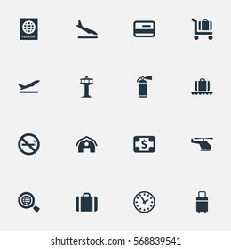 Set Of 16 Simple Transportation Icons. Can Be Found Such Elements As Luggage Carousel, Air Transport, Garage And Other.