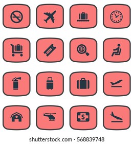 Set Of 16 Simple Transportation Icons. Can Be Found Such Elements As Watch, Protection Tool, Plane And Other.