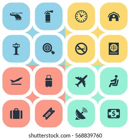 Set Of 16 Simple Transportation Icons. Can Be Found Such Elements As Plane, Antenna, Travel Bag And Other.