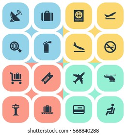 Set Of 16 Simple Transportation Icons. Can Be Found Such Elements As Antenna, Flight Control Tower, Luggage Carousel And Other.