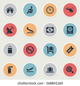 Set Of 16 Simple Transportation Icons. Can Be Found Such Elements As Alighting Plane, Cigarette Forbidden, Baggage Cart And Other.