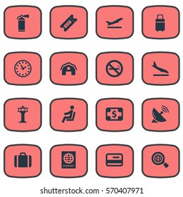 Set Of 16 Simple Transportation Icons. Can Be Found Such Elements As Certificate Of Citizenship, Alighting Plane, Watch And Other.