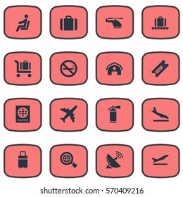 Set Of 16 Simple Transportation Icons. Can Be Found Such Elements As Alighting Plane, Protection Tool, Plane And Other.