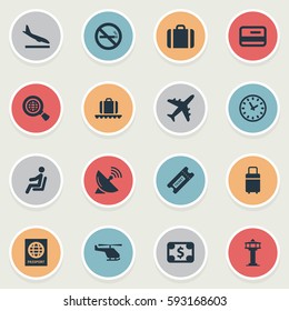 Set Of 16 Simple Transportation Icons. Can Be Found Such Elements As Flight Control Tower, Travel Bag, Plane And Other.