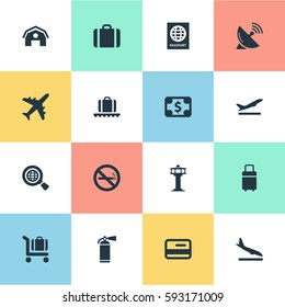 Set Of 16 Simple Transportation Icons. Can Be Found Such Elements As Luggage Carousel, Alighting Plane, Handbag.