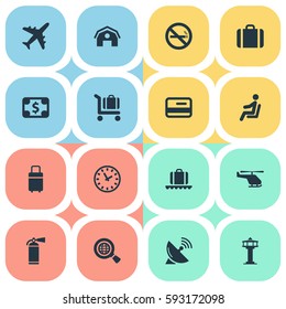 Set Of 16 Simple Transportation Icons. Can Be Found Such Elements As Cigarette Forbidden, Luggage Carousel, Air Transport And Other.